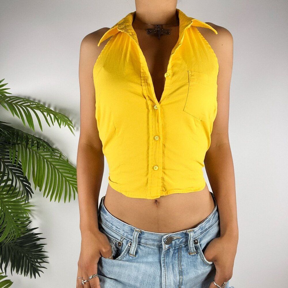 Vintage Y2K Yellow Casual Preppy Sleeveless Collared Summer Halter Crop Top / M - Picture 4 of 8